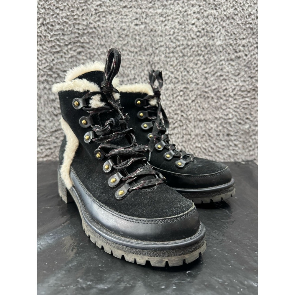 Tory Burch Cooper Suede‎ Shearling Lined Lace-up Boots Black Womens Size 7.5M